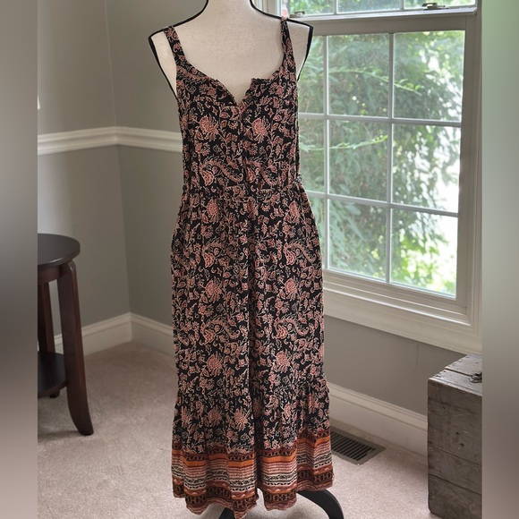 beachlunchlounge Black / burnt orange midi Sundress with tie belt & pockets Med - Picture 1 of 10